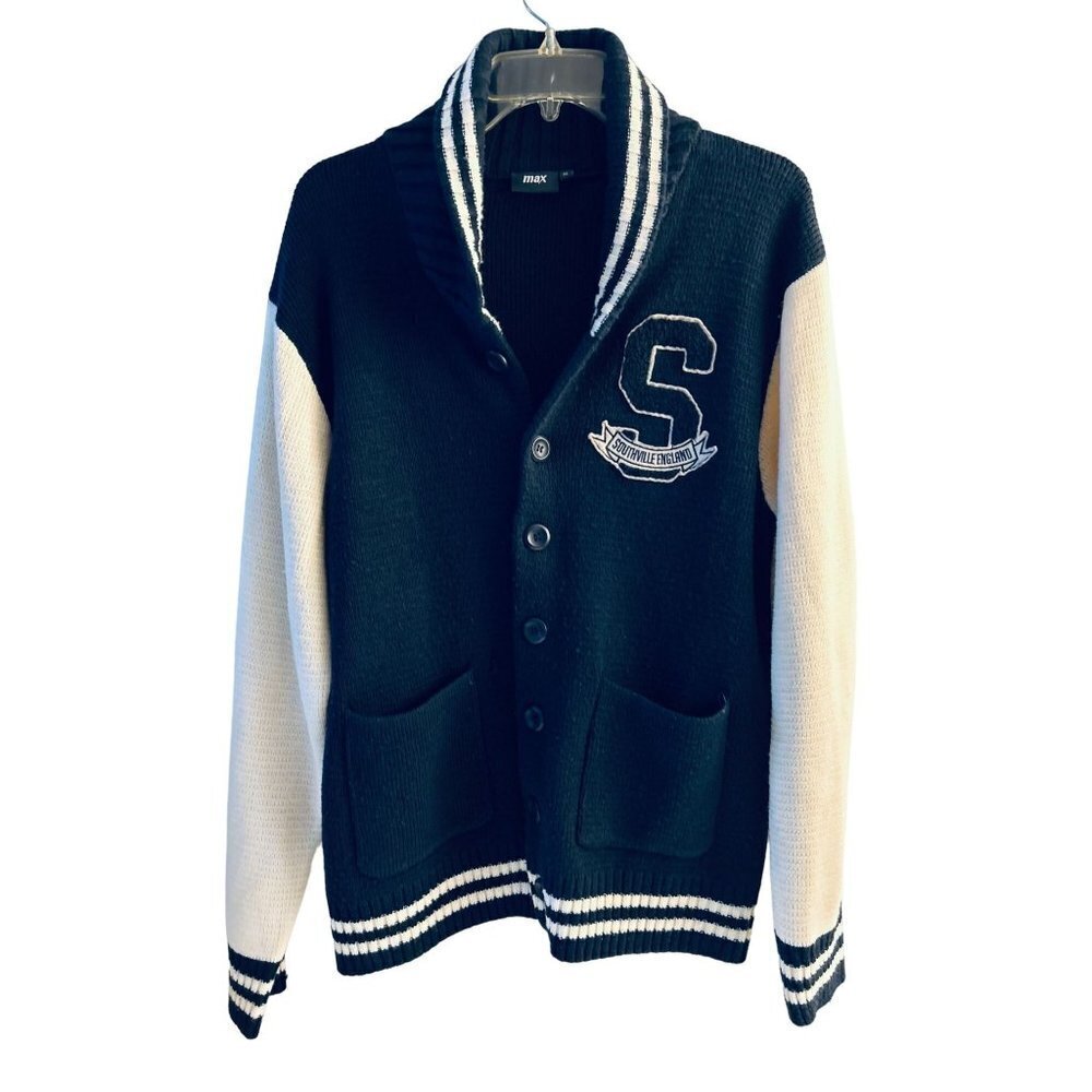 Vintage Max Southwille England Blue white Clue Cardigan Sweater Size XL